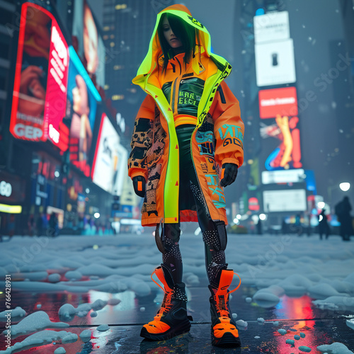Ultra-realistic virtual street fashion, neon accents on minimalist designs, against the backdrop of a digital metropolis