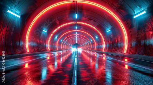 Car light trails streak through the tunnel in a long exposure photo. photo