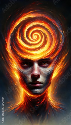 Mesmerizing Portrait of Intense Gaze with Fiery Swirls of Golden Flames on a Vertical Canvas, Symbolic of Fervent Creativity and Vigor