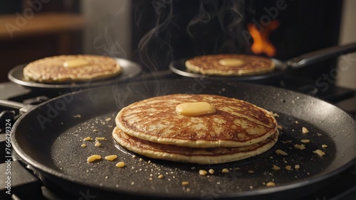 A stack of golden pancakes on a white plate, drizzled with honey and butter. Concept: breakfast menus for cafes and restaurants, kitchen utensils.