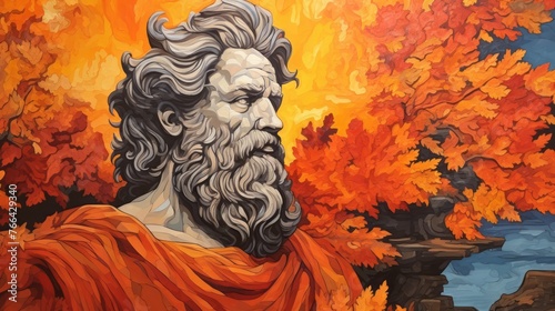 A man with a beard and a beard is looking at the camera. The painting is orange and has a warm, inviting mood