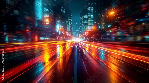 City lights blur perspective as a car speeds by, leaving streaks of light in its wake.