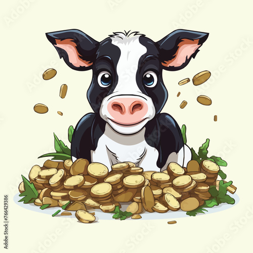 Cartoon Vector Humor Concept Illustration of Cash Cow Saying , cow sitting on cash