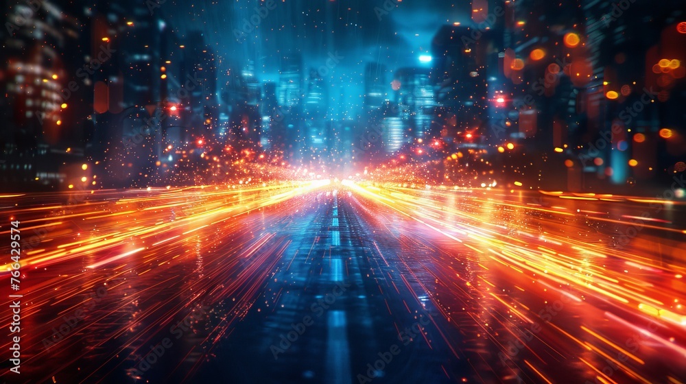 City lights blur perspective as a car speeds by, leaving streaks of light in its wake. City lights blur perspective as a car speeds by, leaving streaks of light in its wake.