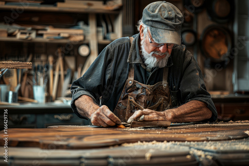 An experienced craftsman meticulously works on a wooden piece within the classical and ornate interior of a luxurious workshop..