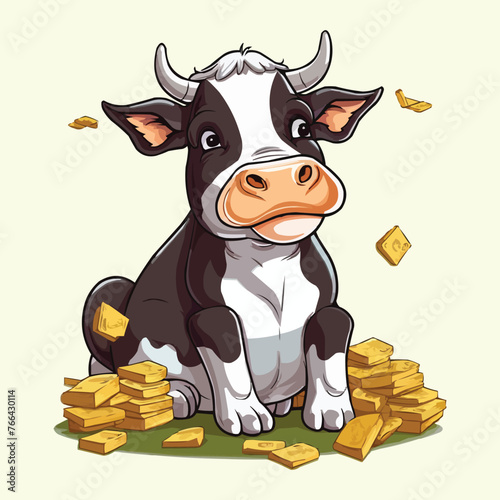 Cartoon Vector Humor Concept Illustration of Cash Cow Saying , cow sitting on cash