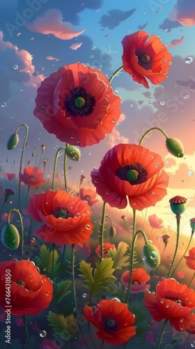 Whimsical Red Poppies Under a Celestial Sky, Fantastical Floral Scene with Vibrant Colors