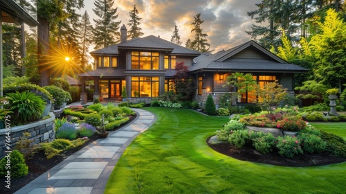 Luxury house with beautiful landscaping. Home exterior