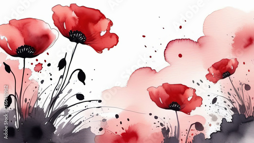 Watercolor painting of red poppies on a white background. Greeting card. Banner. Decorative flower for Remembrance Day. Memorial Day. Veterans day.






