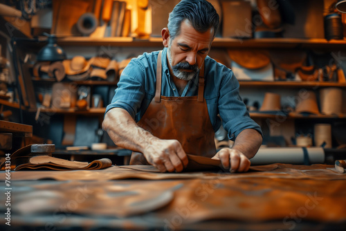 Concentrated Craftsman Cutting Leather in his Workshop