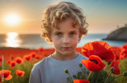 A serious curly-haired blond boy with a bouquet of red poppies in his hands against the backdrop of a poppy field and the ocean in the sunlight. Anzac Day, a day of remembrance in Australia, New Zeala