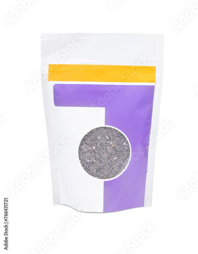 Chia plant seeds in package isolated on white background