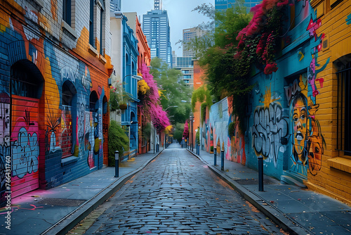 Graffiti-Laden Street with Overhead Blooms in the City