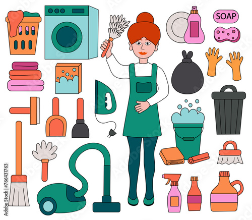 Cleaning service Set Elements. Cleaning woman with pipidastr. Housemaid. Washing machine. Cleaning products. Trash can. Large collection of cleaning tools. Vacuum cleaner. Vector Flat illustration.