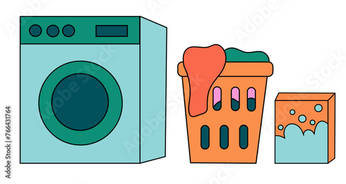 Cleaning Set Elements. Collection of cleaning tools. Washing machine. Laundry basket with clothes. Washing powder. Vector Flat illustration.
