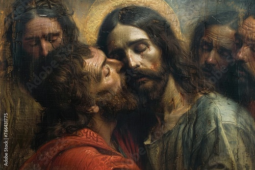 Kiss of Judas: pivotal moment of betrayal in the life of jesus christ, profound religious symbolism depicted in the bible, exploring themes of loyalty, deception, and redemption in christian theology
