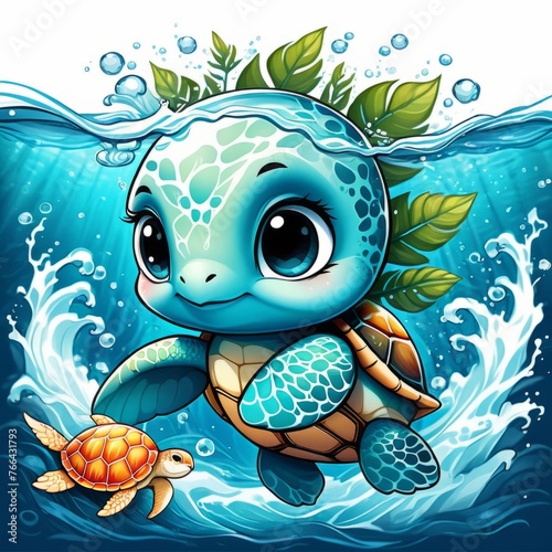 Majestic turtle is seen gliding effortlessly through water, its movements slow, graceful. For Tshirt design, posters, postcards, other merchandise with marine theme, childrens books. © Anzelika