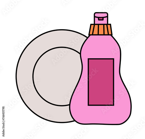 Dish Wash. Cleaning Tools Elements. Plate, washing up liquid. Clean in Kitchen. Vector Simple Doodle Flat illustration.