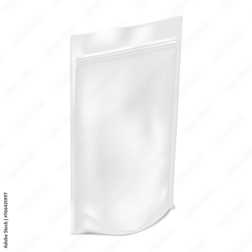 Blank white stand-up pouch with zip lock mock-up. Plastic bag template. Standup zipper package vector mockup Blank white stand-up pouch with zip lock mock-up. Plastic bag template. Standup zipper package vector mockup
