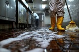 Person cleaning a floor, showcasing the stark contrast between cleanliness and mess, highlighted by bright yellow boots.