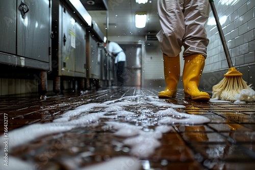Person cleaning a floor, showcasing the stark contrast between cleanliness and mess, highlighted by bright yellow boots. photo