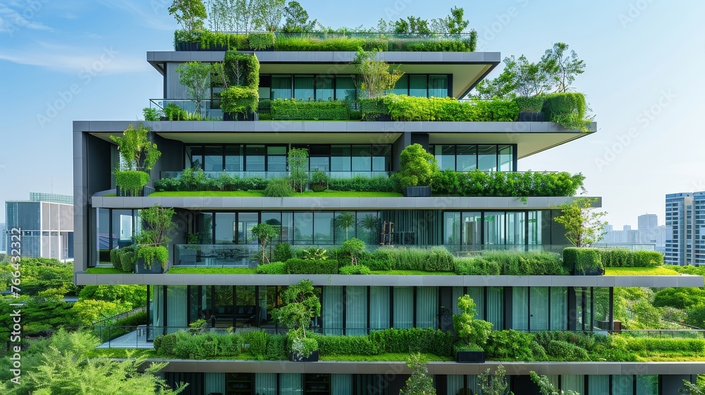 Business: A modern office building with a green rooftop garden