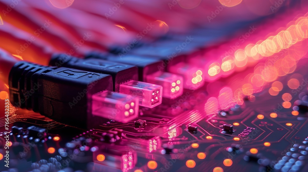 Close-up view of an electronic printed circuit board with a network cable against a fiber optic background.
