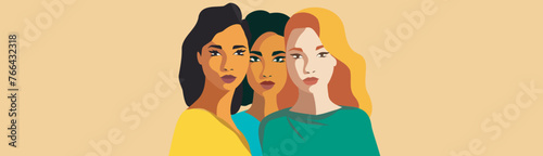 Vector banner Feminist women of different skin colors stand side by side on a light background. Concept of the movement for gender equality and protection of women's rights empowerment