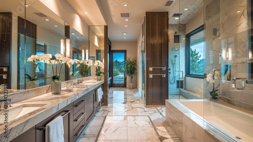A spacious bathroom with marble countertops, a large mirror, and a walk-in shower with glass doors