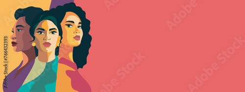 Vector banner poster. Beautiful portraits of women of different nationalities stand side by side. Concept of the movement for gender equality and protection of women's rights empowerment