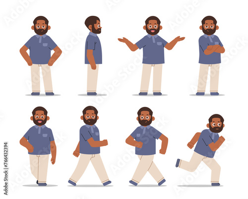 Set of young African American man in different poses. Male character figure collection
