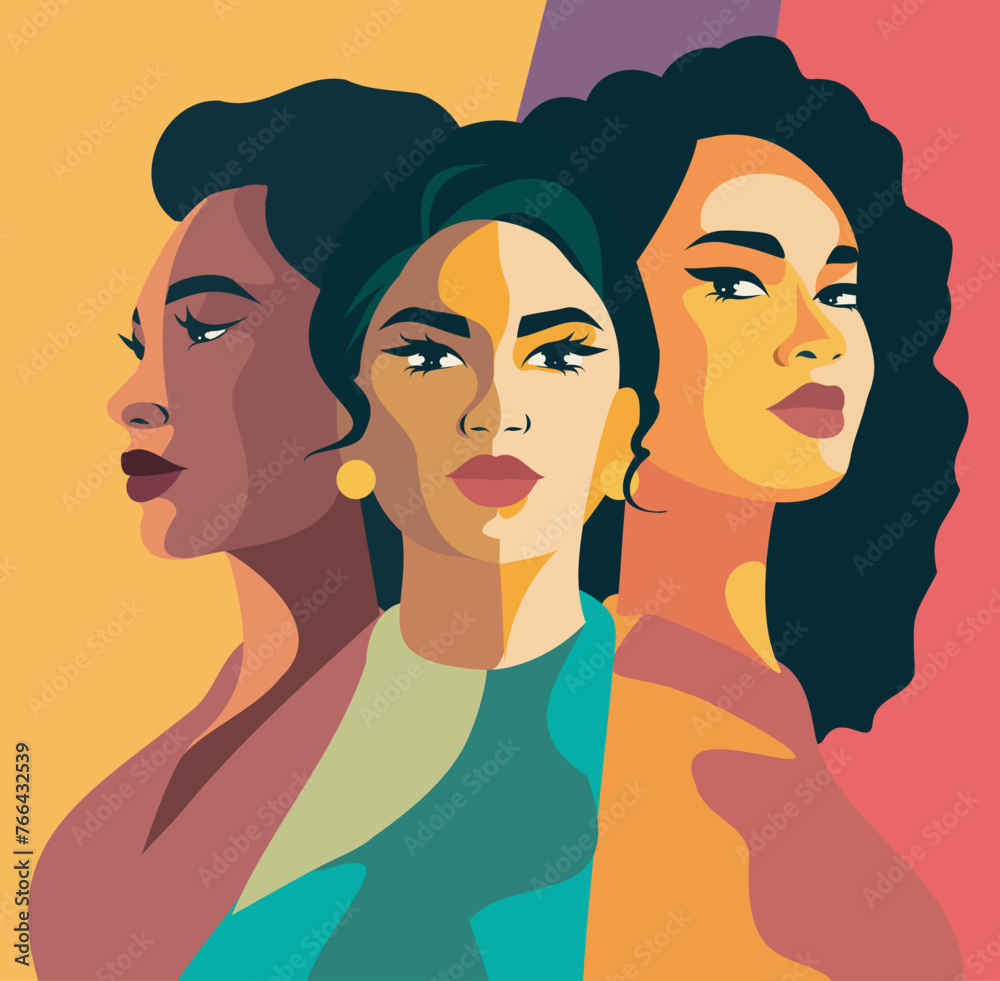 Vector banner poster. Women of different cultures and nationalities stand side by side. concept of the movement for gender equality and protection of women's rights empowerment.