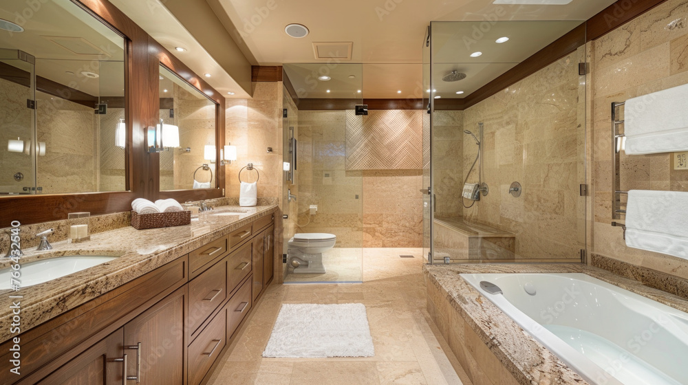 A spacious bathroom with marble countertops, a large mirror, and a walk-in shower with glass doors