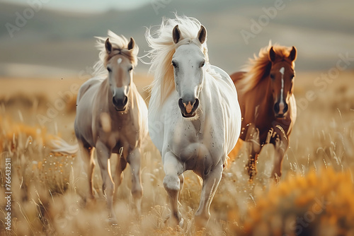 Wild Horses Running Free in a Golden Field
