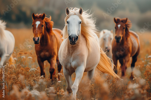 Herd of Horses Running in an Autumn Field
