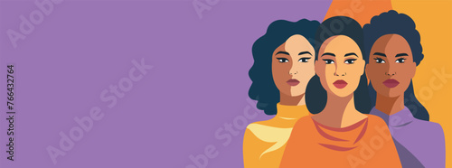  Vector banner. Feminist women of different skin colors stand side by side on a bright purple background. Concept of the movement for gender equality and protection of women's rights empowerment