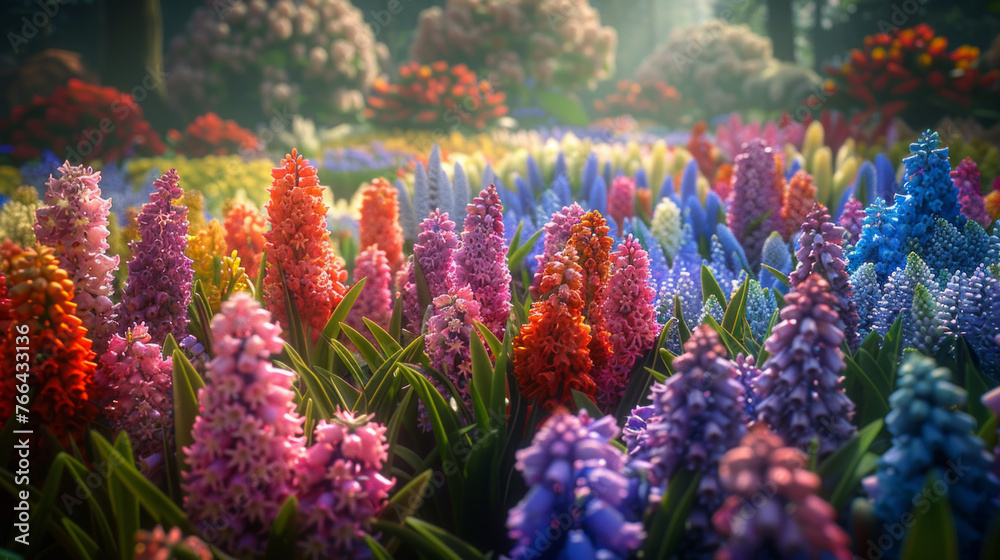 Obraz premium A tranquil garden filled with blooming hyacinth flowers, their vibrant colors and sweet fragrance filling the air