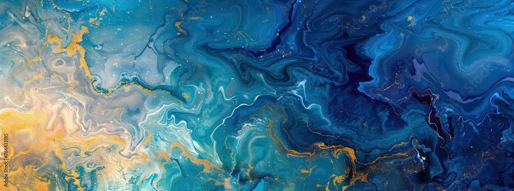Liquid blue abstract background. Mixing multi-colored oil paints texture. Ink mixing effect