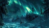 An ethereal display of the Northern Lights dancing across the night sky above a hidden wolf den nestled in a snowy clearing,