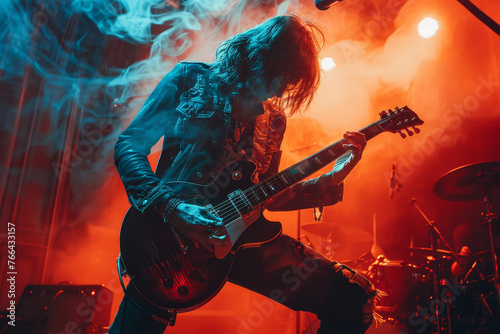 An electrifying rock musician passionately playing guitar amidst vibrant stage smoke and colorful lighting.