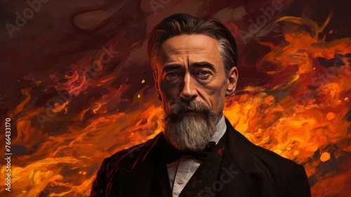 A man with a beard and mustache stands in front of a fiery background. The painting has a dramatic and intense mood, with the man's expression and the flames creating a sense of danger and urgency