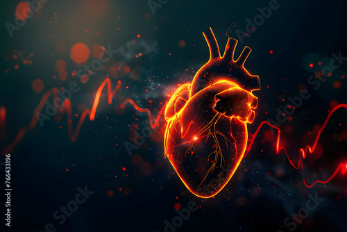 Digital illustration of a glowing heart with pulse line on a dark background, health concept.