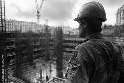 A construction worker in a hard hat stands contemplating the progress on a busy construction site..