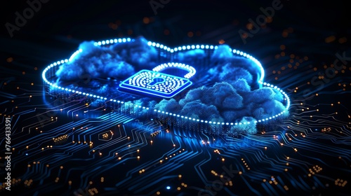 Conceptual illustration of cloud identity security, presenting a cloud icon secured with a fingerprint padlock, symbolizing data protection and privacy measures in cloud computing.