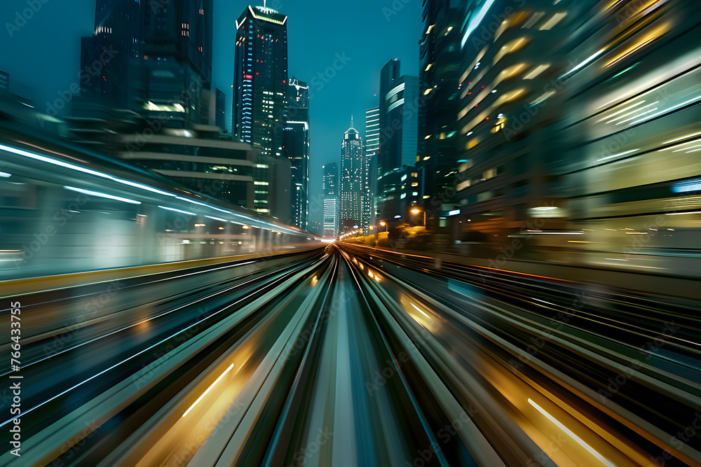 Blurred motion of city lights at night, depicting high-speed urban travel by train or city metro.