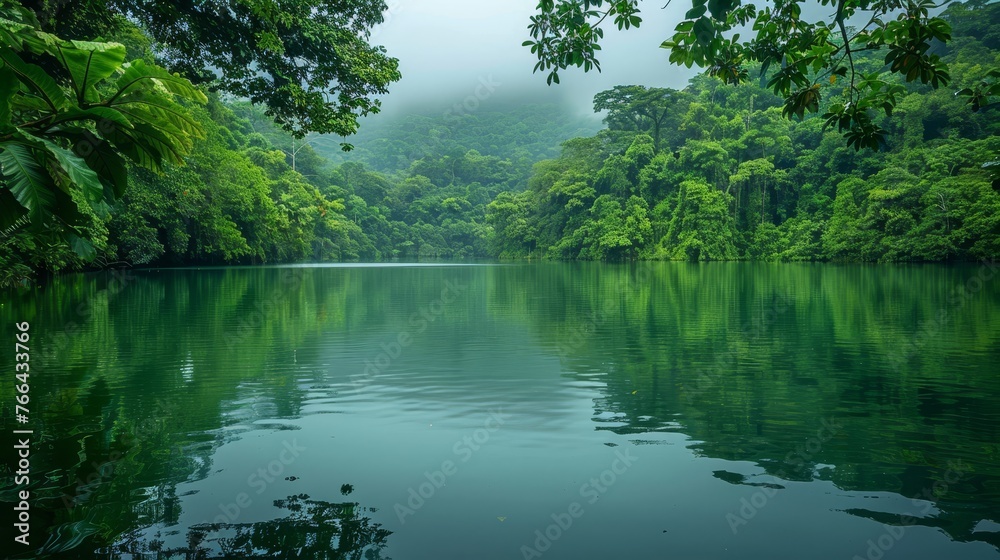 The environment: A tranquil lake surrounded by lush greenery The environment: A tranquil lake surrounded by lush greenery