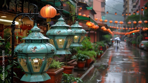Rainy Day in an Asian Street Decorated With Lanterns