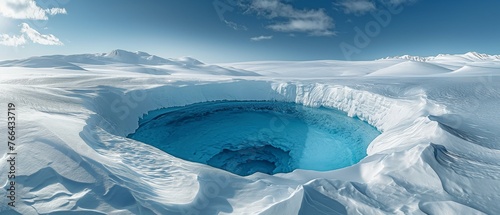 An aerial view of a deep blue ice hole in a snow-covered Arctic environment. Lake on a glacier