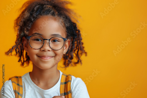 A young baby girl with glasses is pointing to something. she is happy. black little girl 10 years old pupil points with her finger to the side on yellow background, hand pointing empty place photo