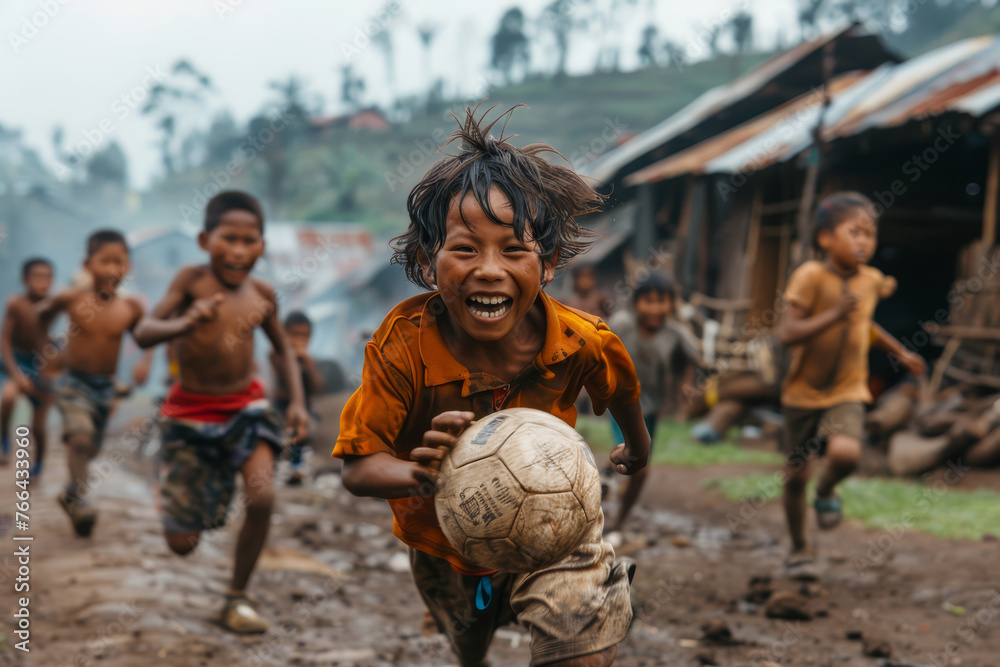 Vibrant scene of barefoot children playing soccer with pure joy, kicking up mud in a tropical village setting.